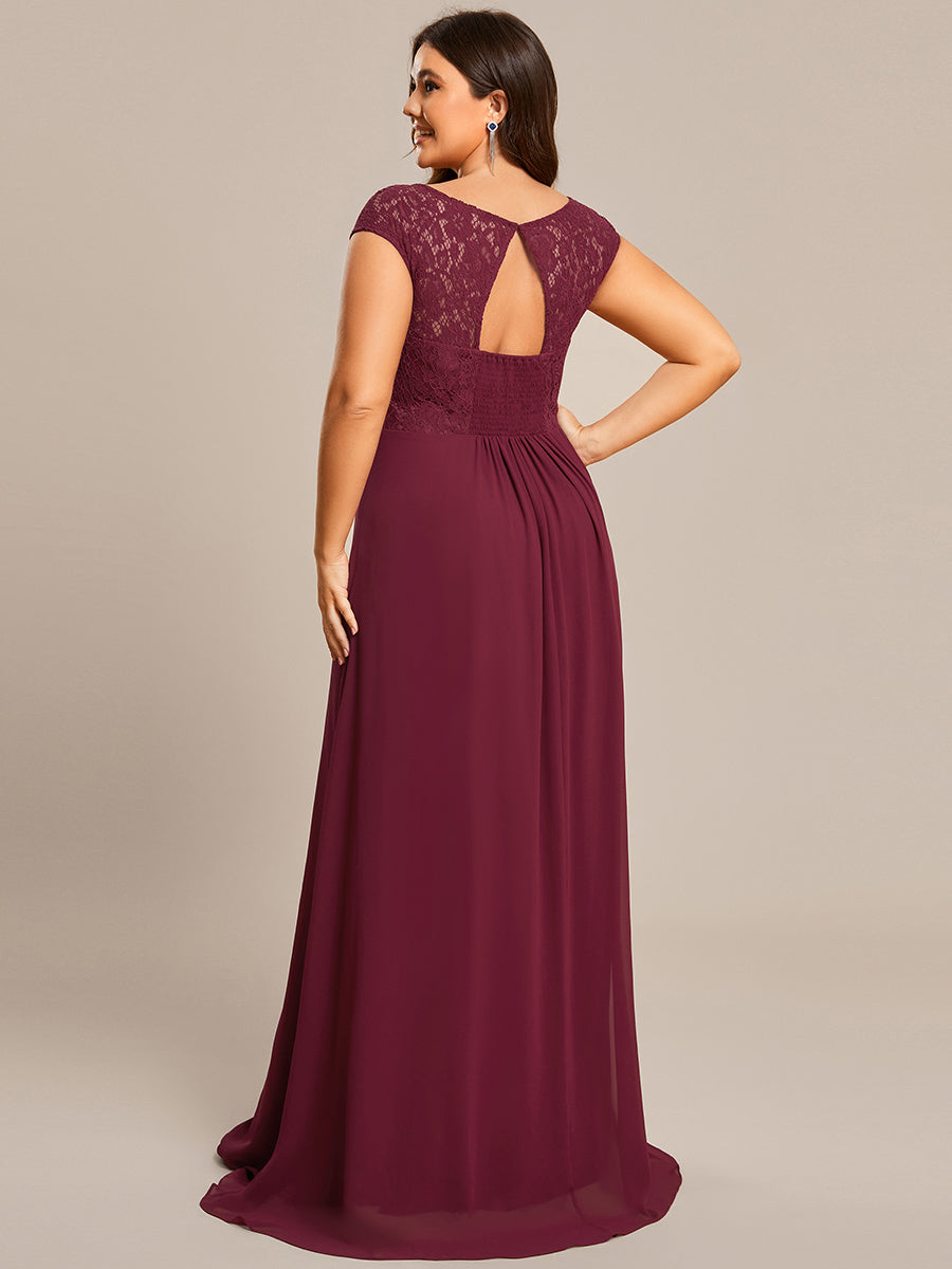 Robe de soirée élégante en mousseline Mancherons en dentelle #Couleur_Bordeaux