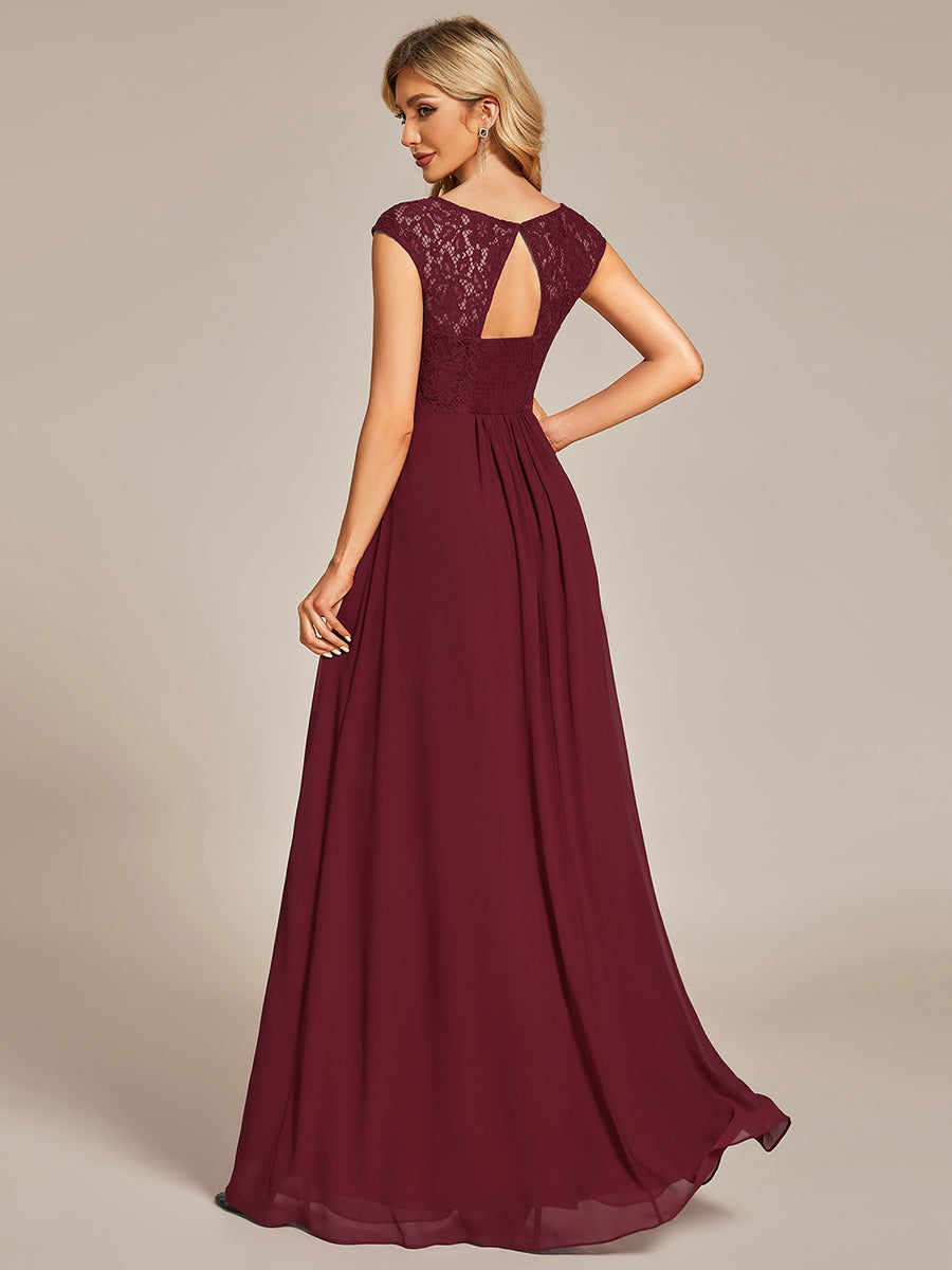 Robe de soirée élégante en mousseline Mancherons en dentelle #Couleur_Bordeaux