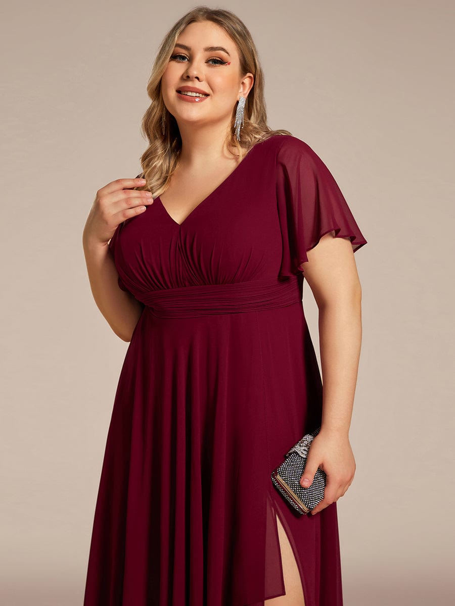 Robe de soirée Grande taille mousseline Manches volantées et à volants #Couleur_Bordeaux