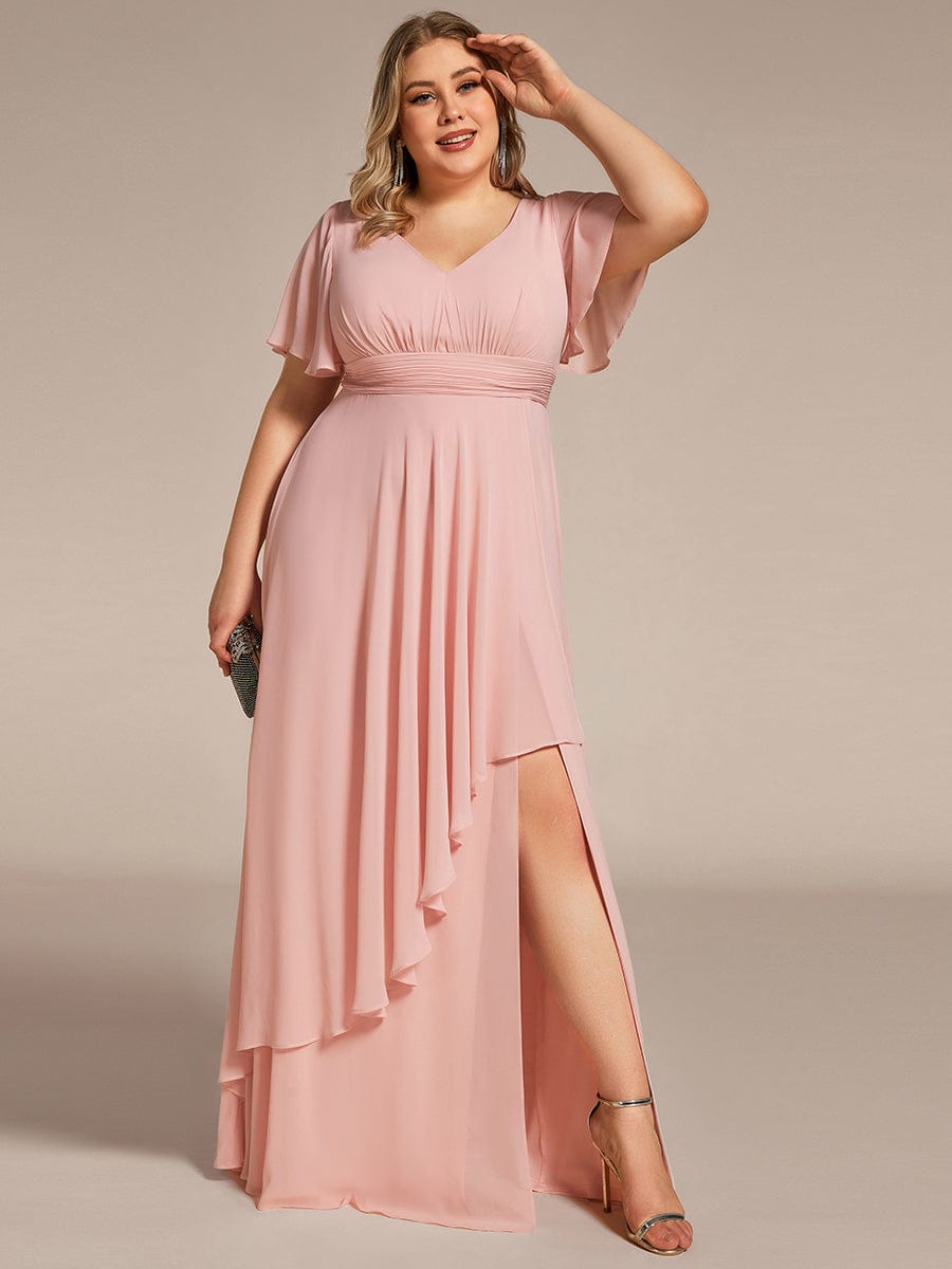 Robe de soirée Grande taille mousseline Manches volantées et à volants #Couleur_Rose