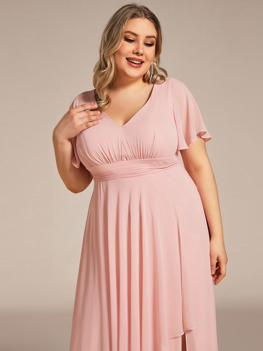 Robe de soirée Grande taille mousseline Manches volantées et à volants #Couleur_Rose