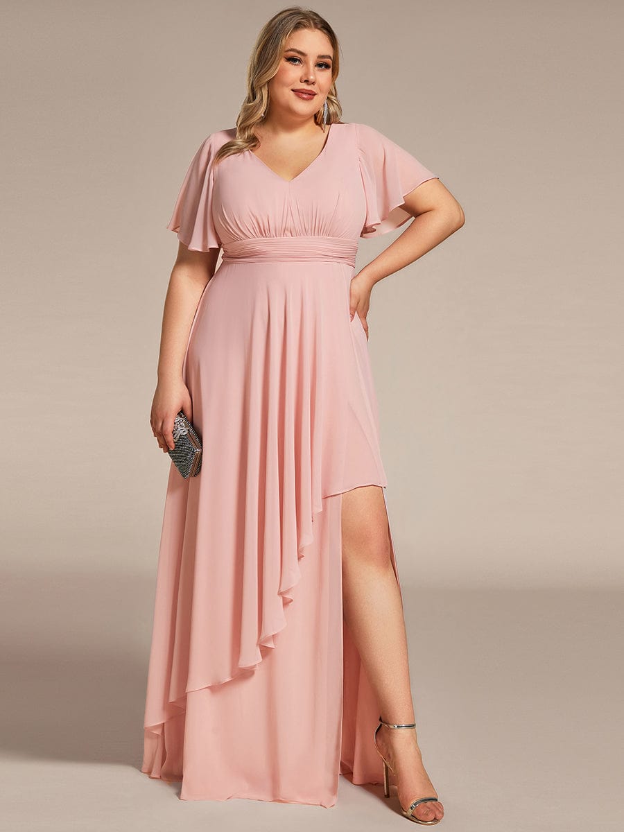 Robe de soirée Grande taille mousseline Manches volantées et à volants #Couleur_Rose