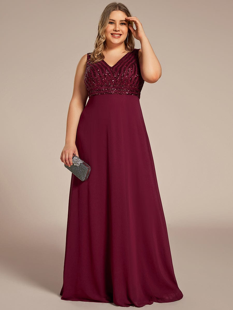 Sequin Sleeveless Double V-Neck Formal Evening Dress #Couleur_Bordeaux