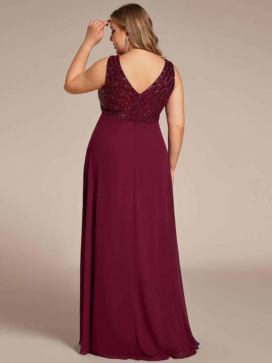 Sequin Sleeveless Double V-Neck Formal Evening Dress #Couleur_Bordeaux