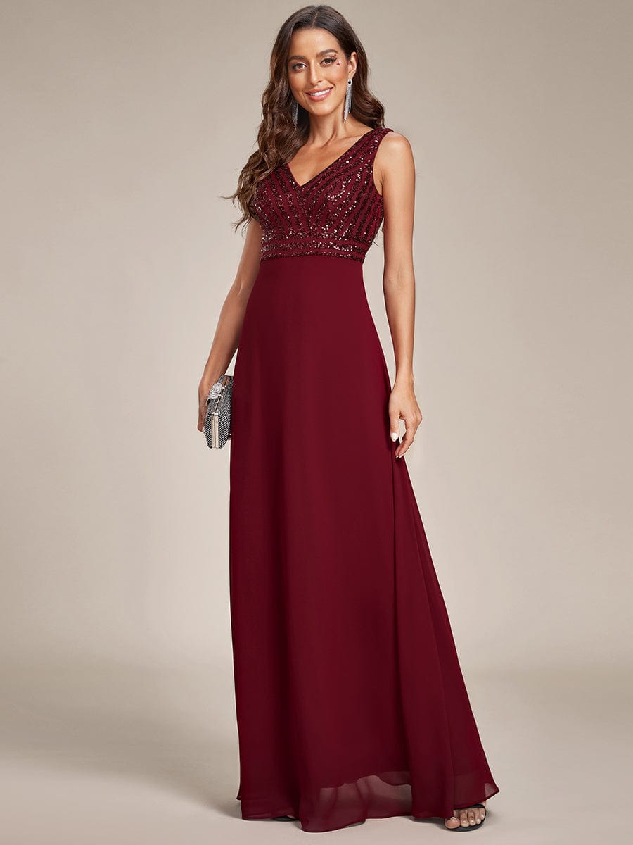 Sequin Sleeveless Double V-Neck Formal Evening Dress #Couleur_Bordeaux