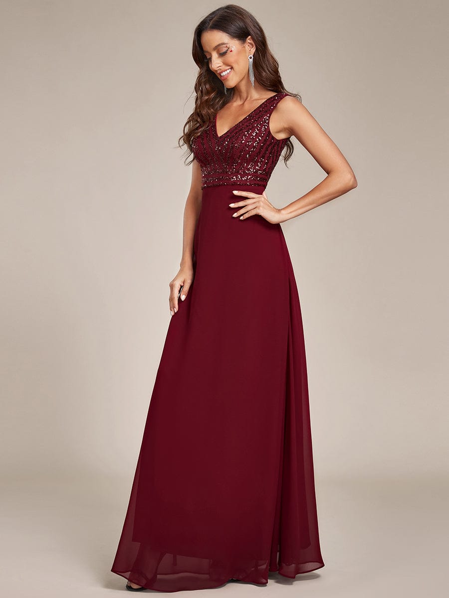 Sequin Sleeveless Double V-Neck Formal Evening Dress #Couleur_Bordeaux