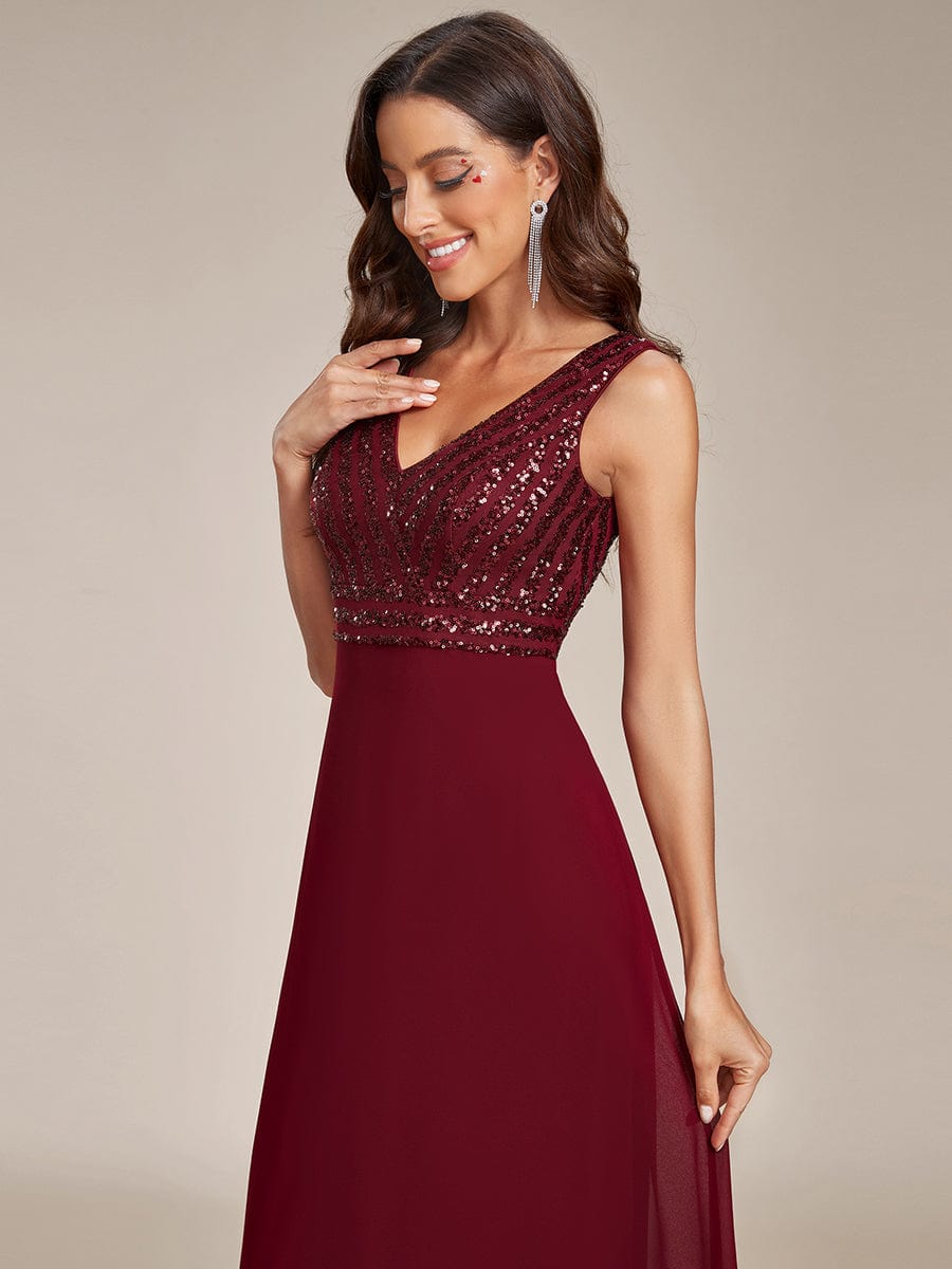 Sequin Sleeveless Double V-Neck Formal Evening Dress #Couleur_Bordeaux