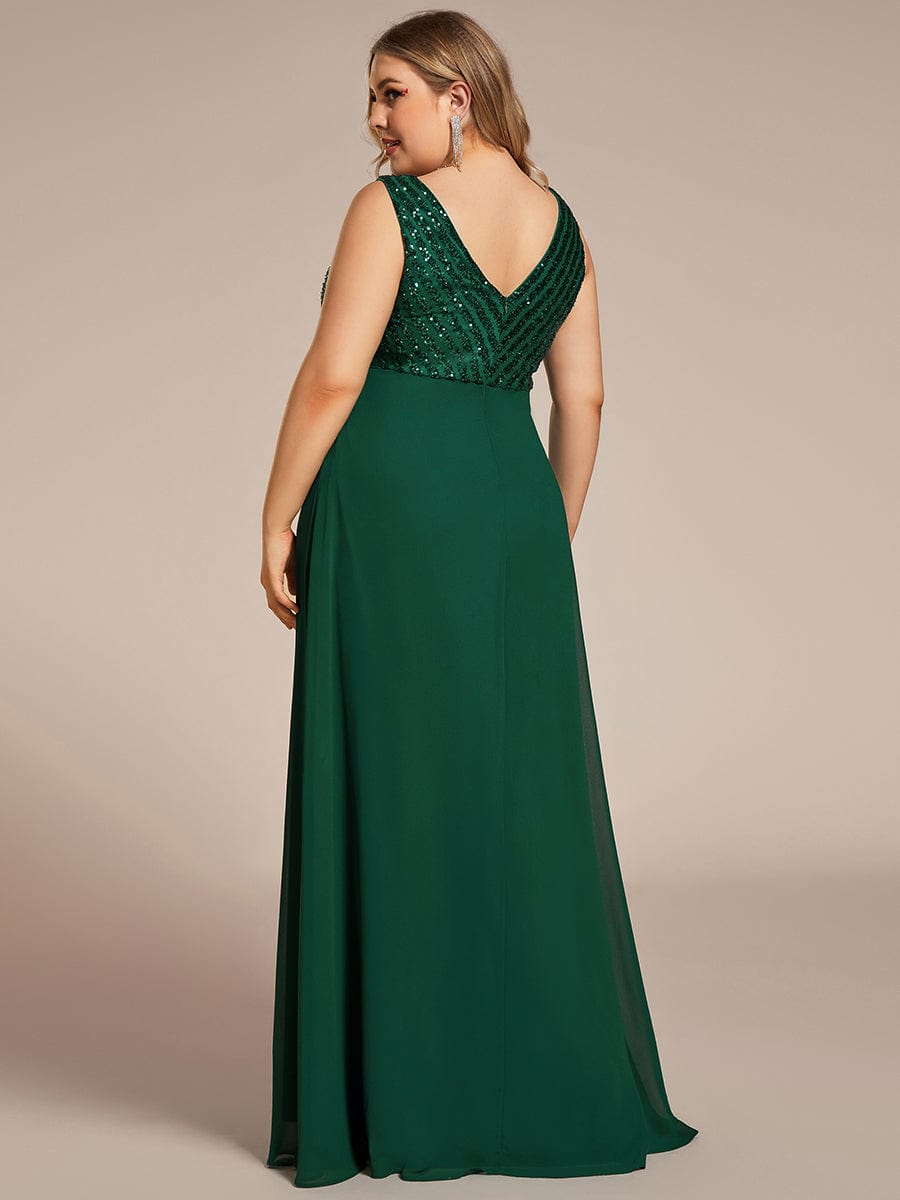 Sequin Sleeveless Double V-Neck Formal Evening Dress #Couleur_Vert Fonce