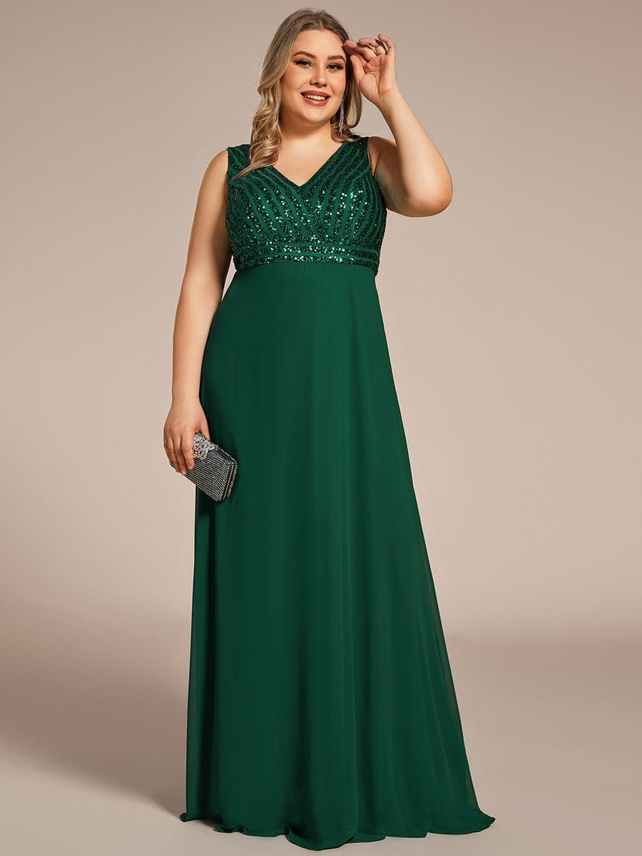 Sequin Sleeveless Double V-Neck Formal Evening Dress #Couleur_Vert Fonce