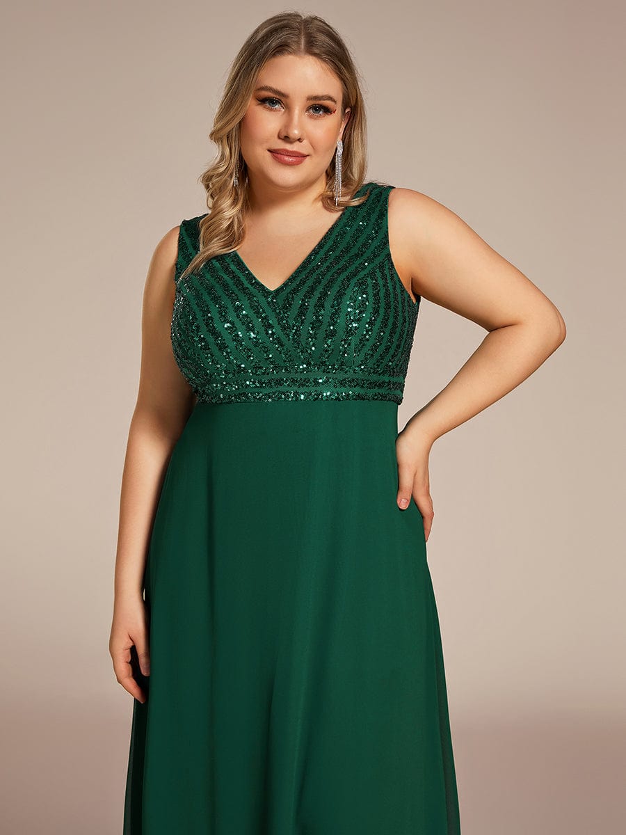 Sequin Sleeveless Double V-Neck Formal Evening Dress #Couleur_Vert Fonce