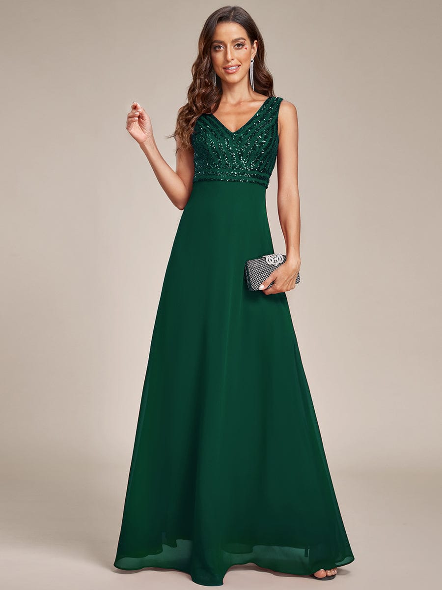 Sequin Sleeveless Double V-Neck Formal Evening Dress #Couleur_Vert Fonce