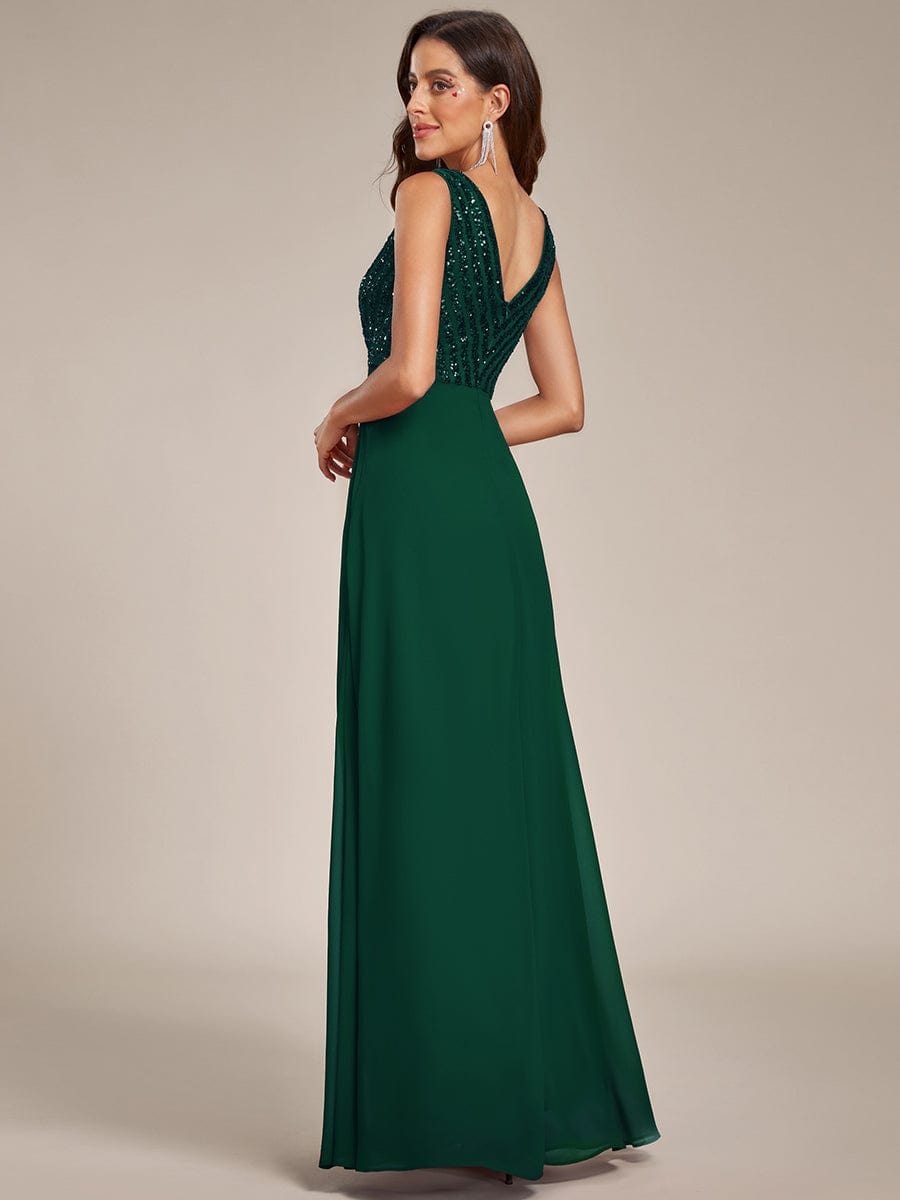 Sequin Sleeveless Double V-Neck Formal Evening Dress #Couleur_Vert Fonce