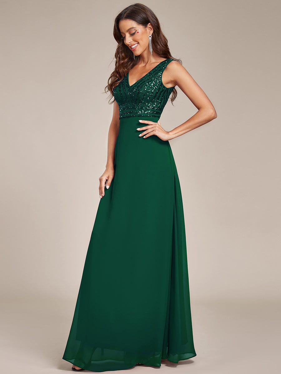 Sequin Sleeveless Double V-Neck Formal Evening Dress #Couleur_Vert Fonce