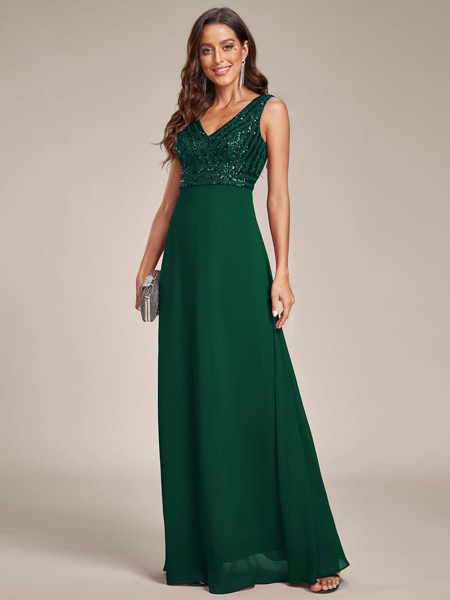 Sequin Sleeveless Double V-Neck Formal Evening Dress #Couleur_Vert Fonce