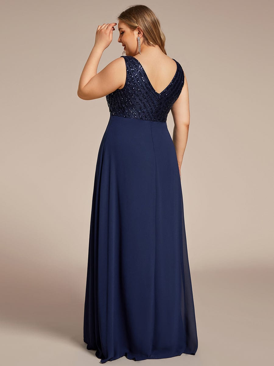 Sequin Sleeveless Double V-Neck Formal Evening Dress #Couleur_Bleu Marine