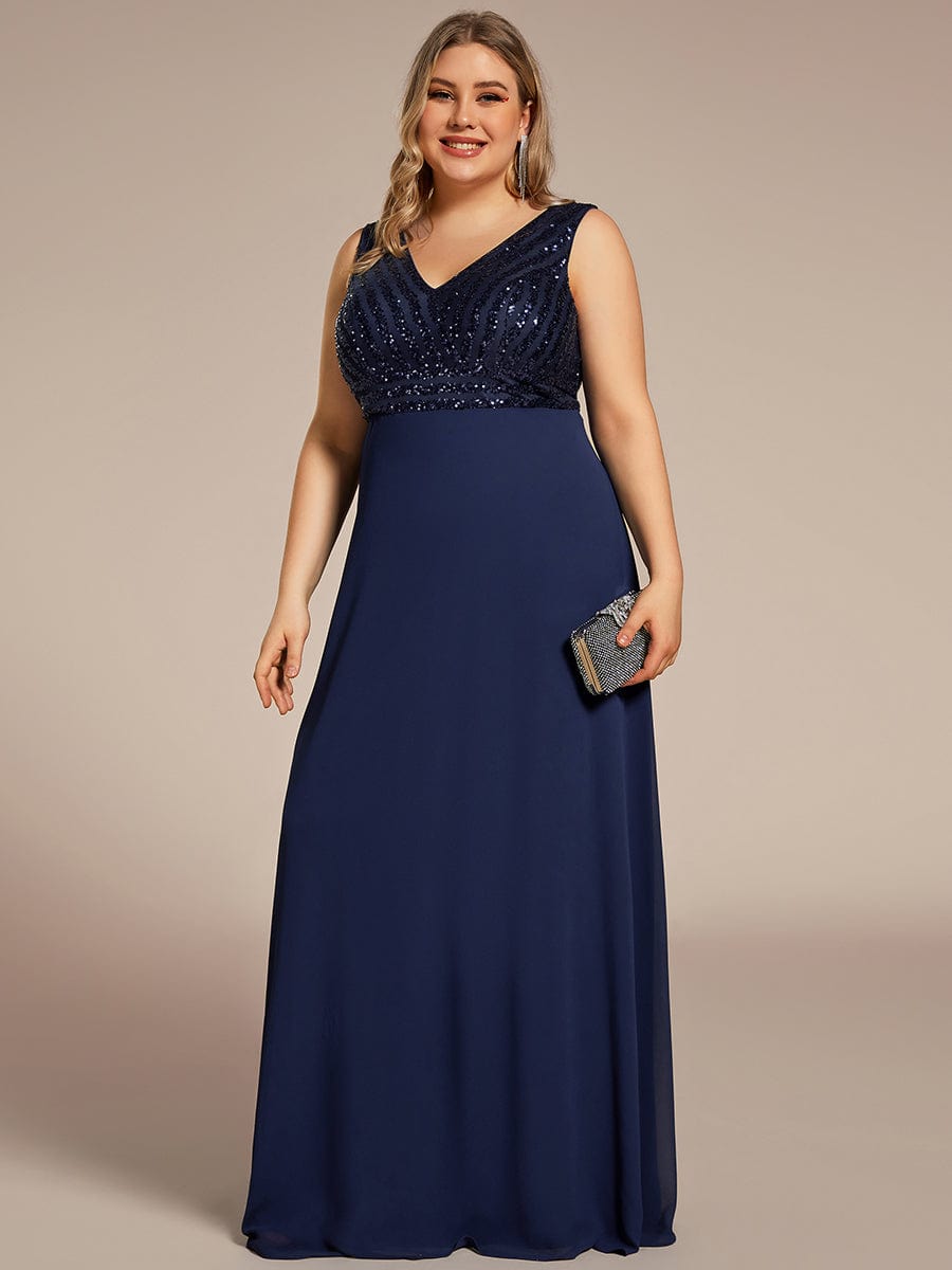 Sequin Sleeveless Double V-Neck Formal Evening Dress #Couleur_Bleu Marine