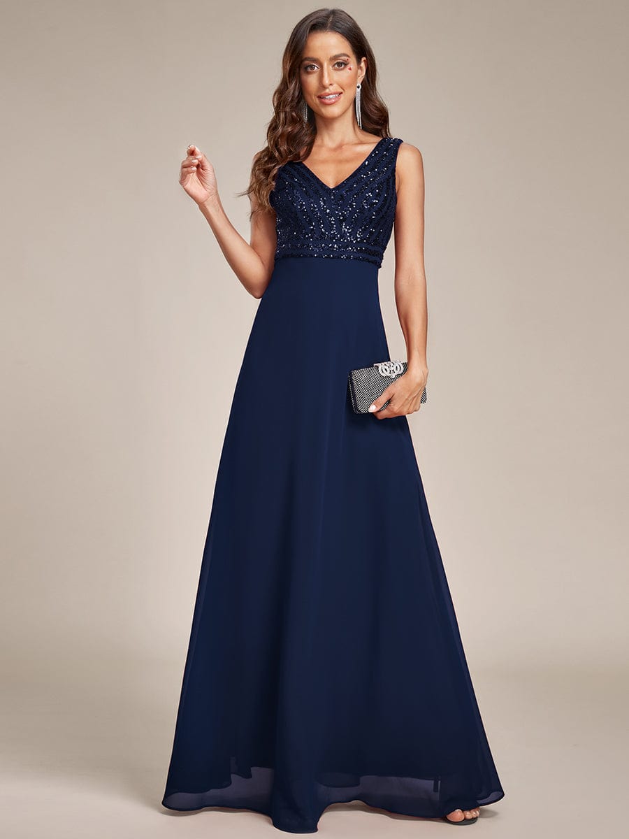 Sequin Sleeveless Double V-Neck Formal Evening Dress #Couleur_Bleu Marine