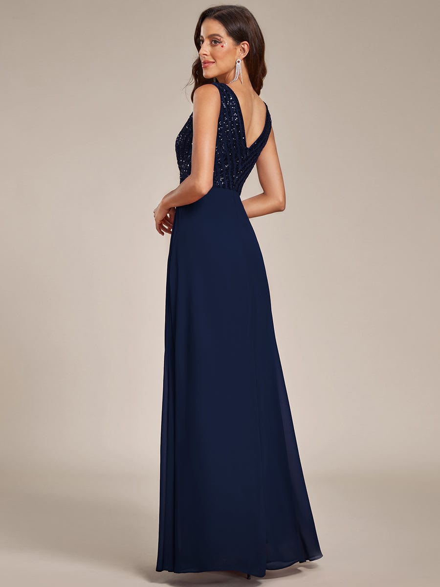 Sequin Sleeveless Double V-Neck Formal Evening Dress #Couleur_Bleu Marine