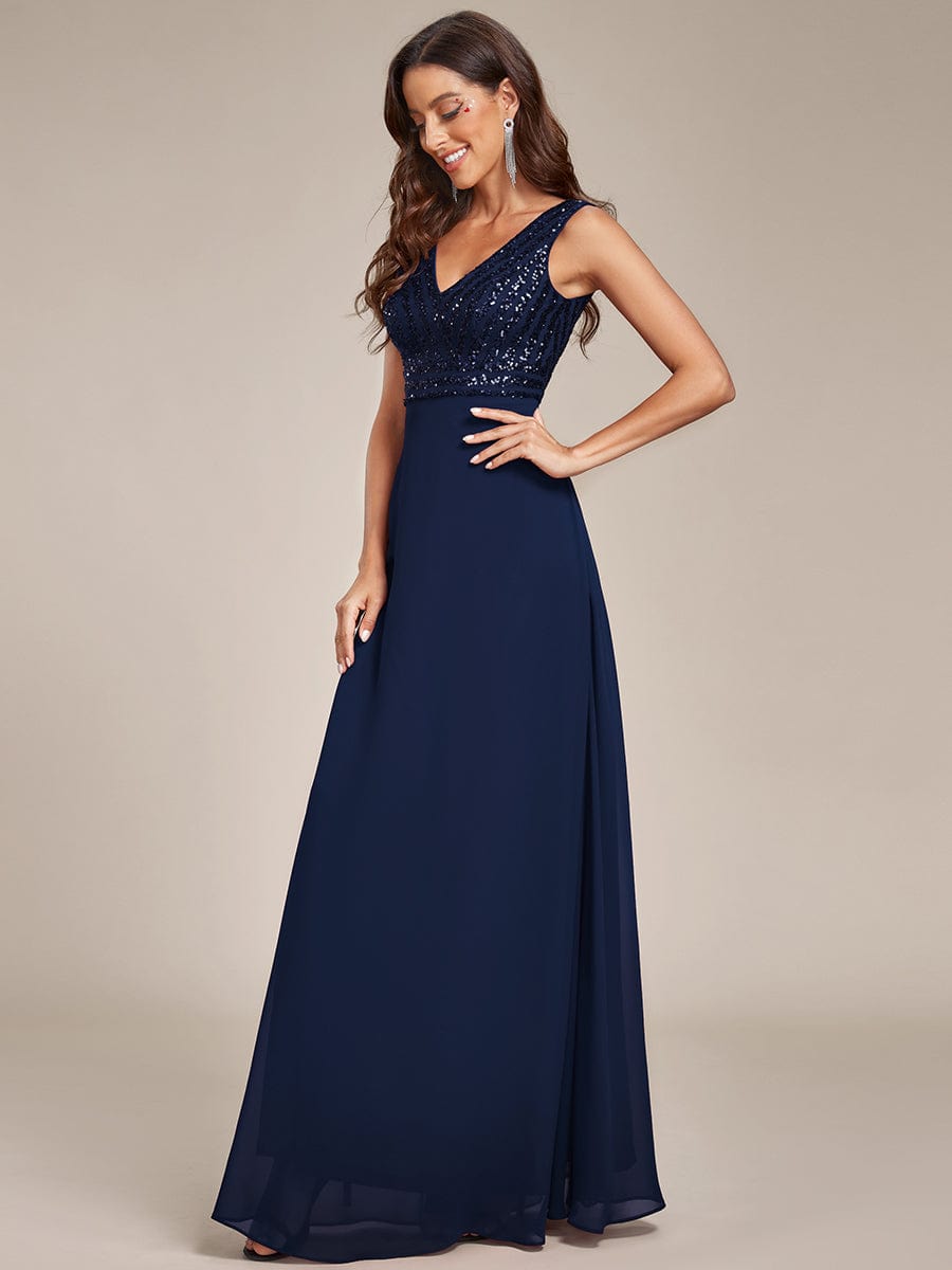 Sequin Sleeveless Double V-Neck Formal Evening Dress #Couleur_Bleu Marine