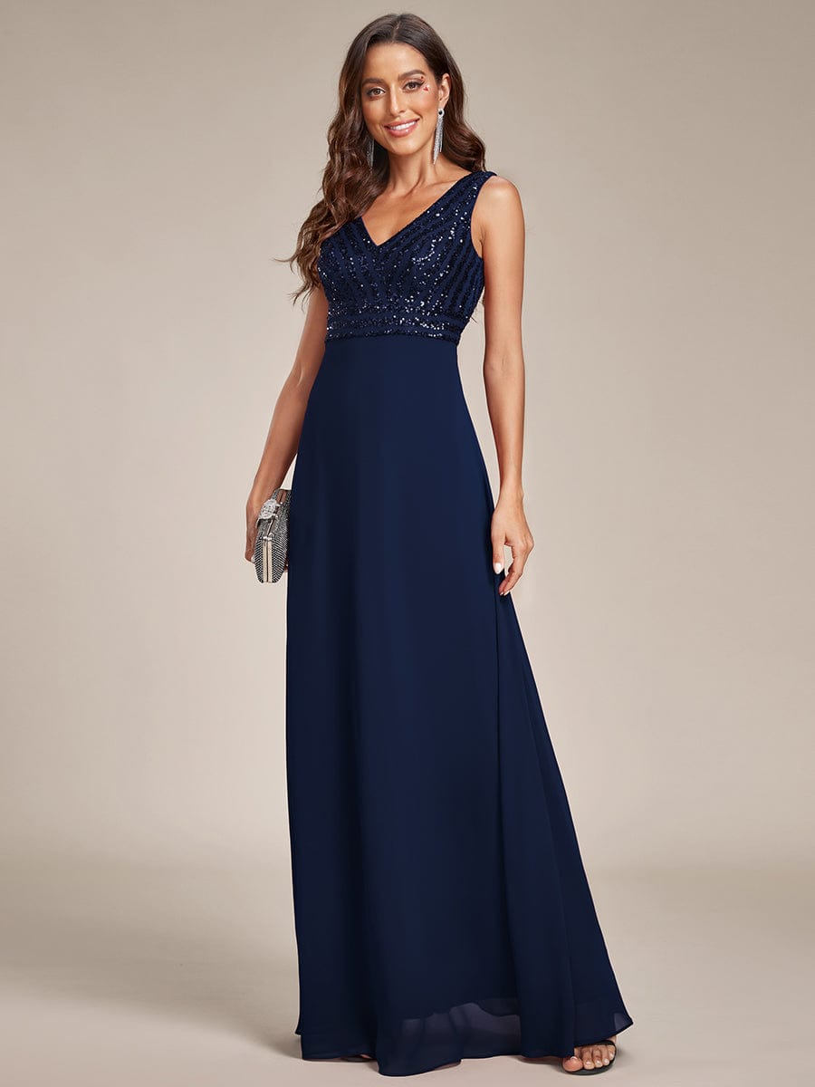 Sequin Sleeveless Double V-Neck Formal Evening Dress #Couleur_Bleu Marine