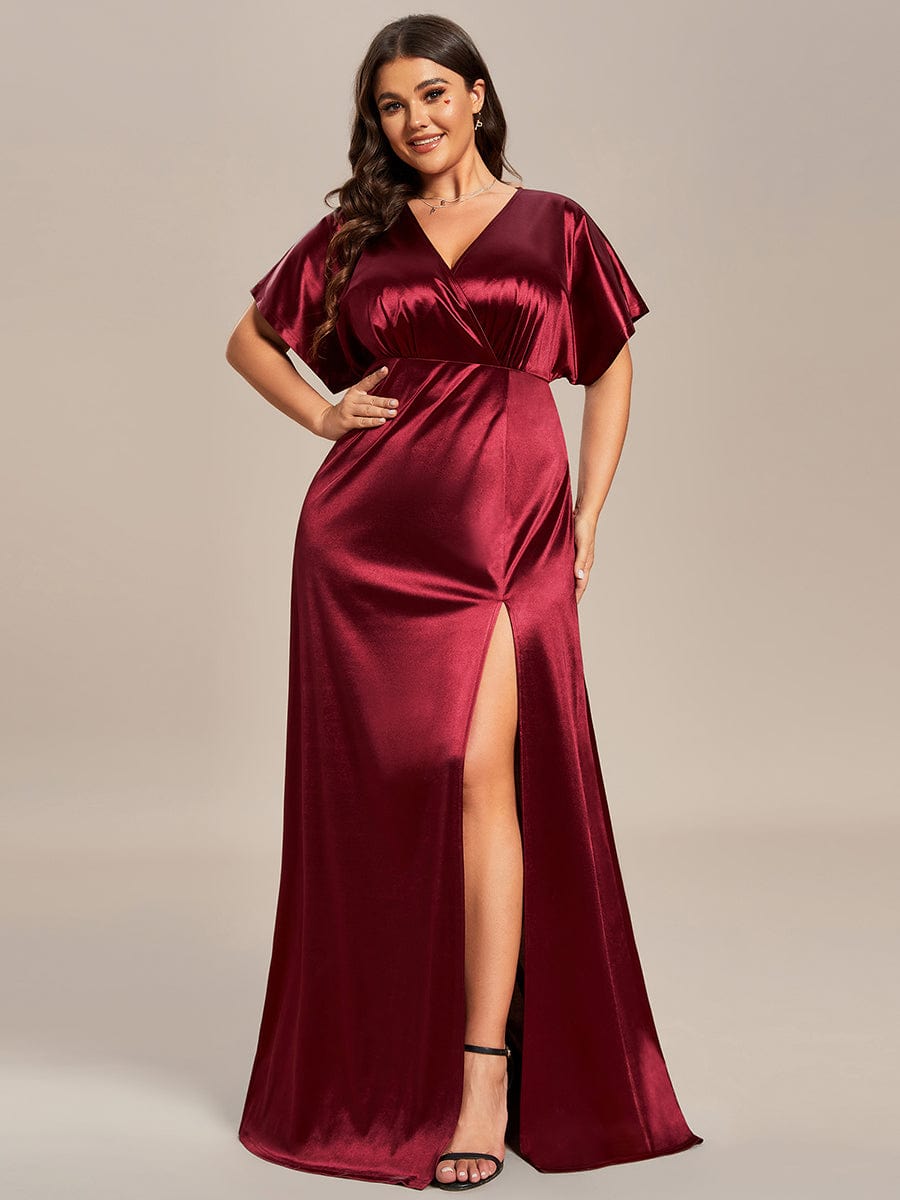 Robe de Soirée Satin Manches Chauve-Souris Fendue de Grande Taille #Couleur_Bordeaux