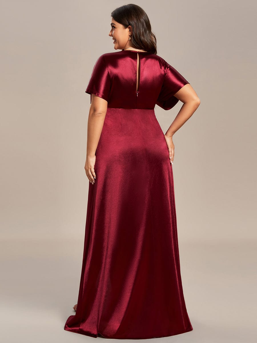 Robe de Soirée Satin Manches Chauve-Souris Fendue de Grande Taille #Couleur_Bordeaux