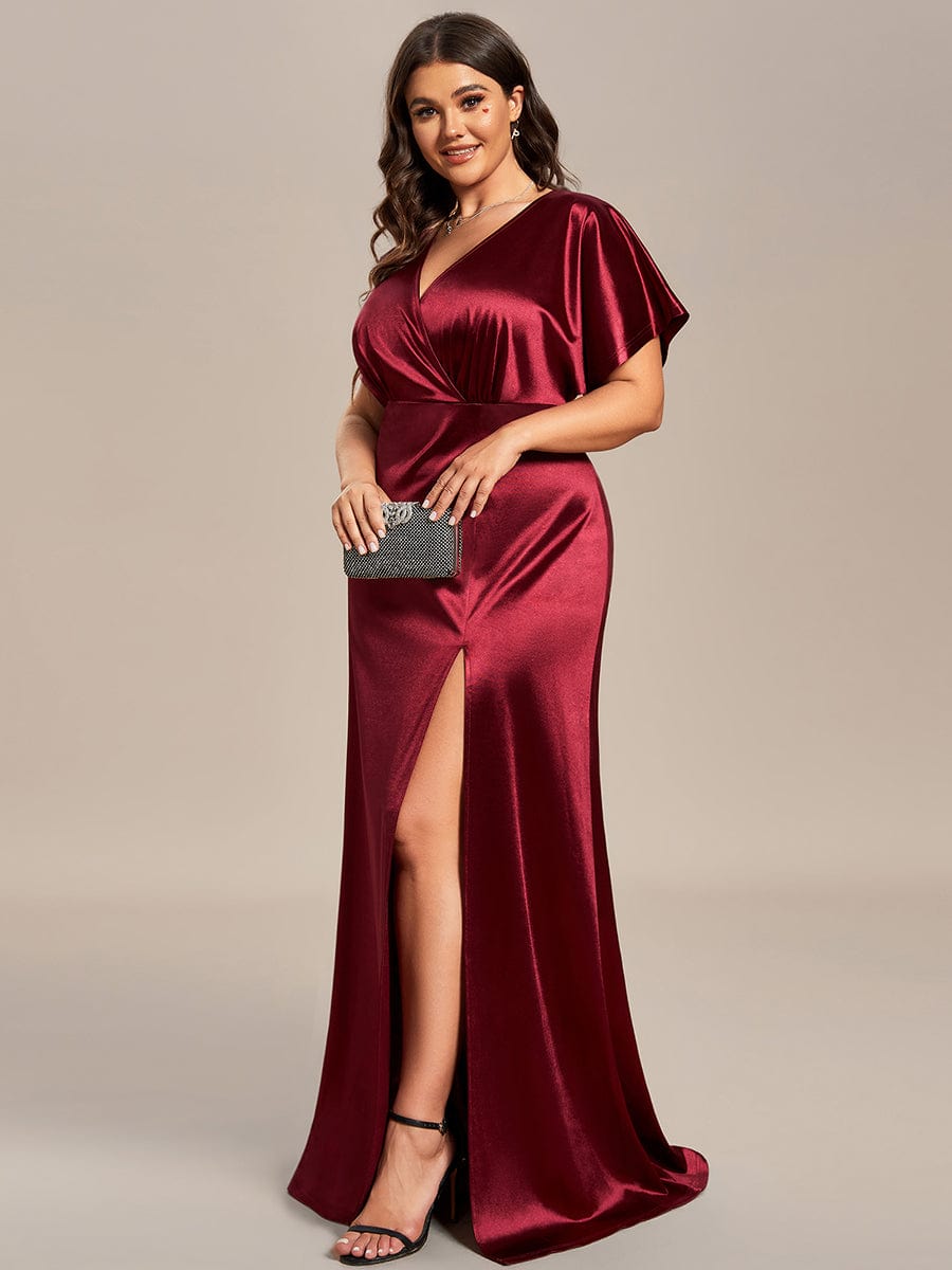 Robe de Soirée Satin Manches Chauve-Souris Fendue de Grande Taille #Couleur_Bordeaux