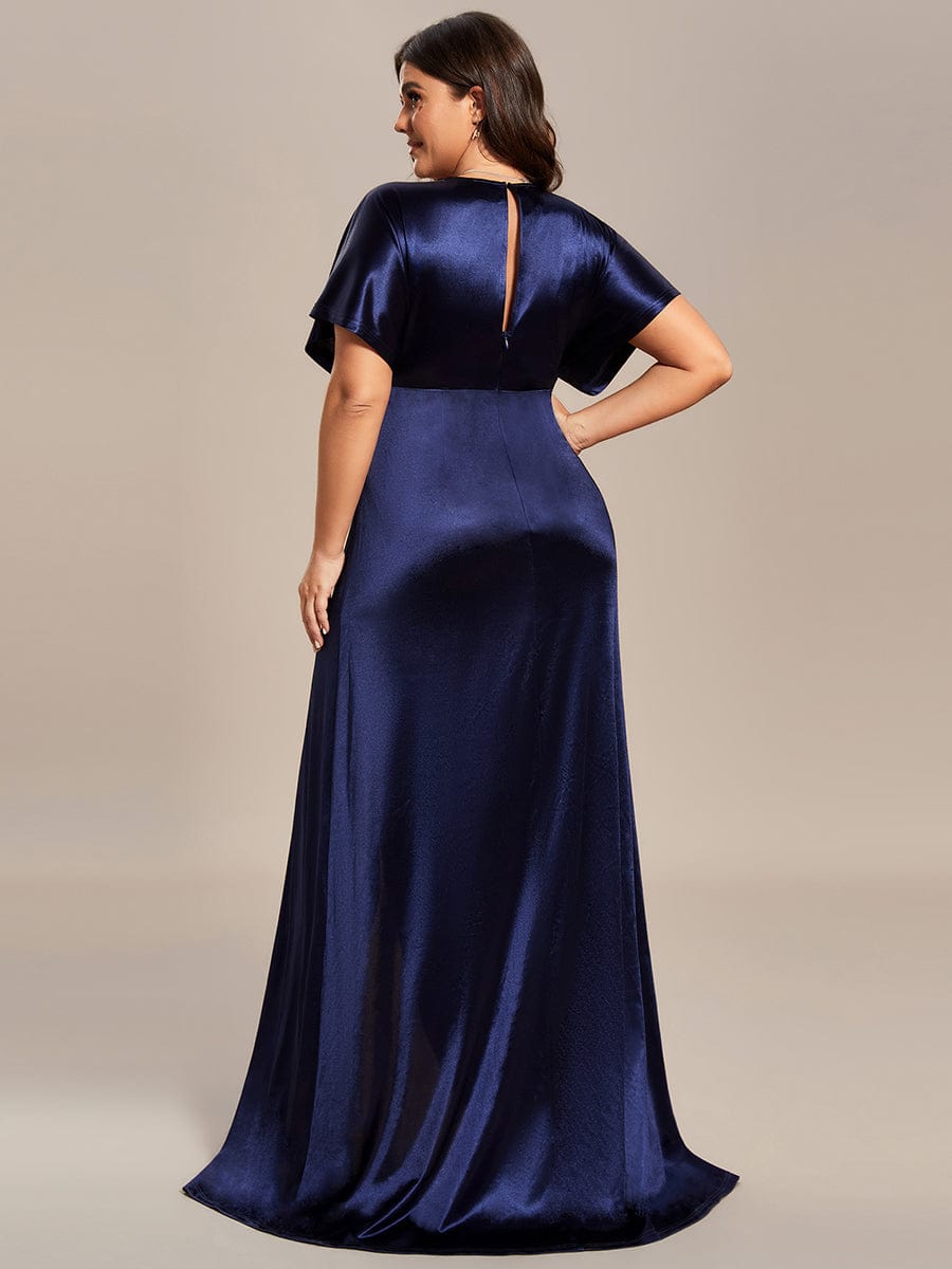 Robe de Soirée Satin Manches Chauve-Souris Fendue de Grande Taille #Couleur_Bleu Marine