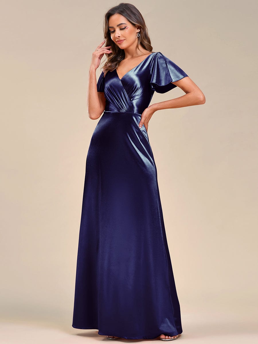 Robe de soirée en satin à manches volantées et col en V #Couleur_Bleu Marine