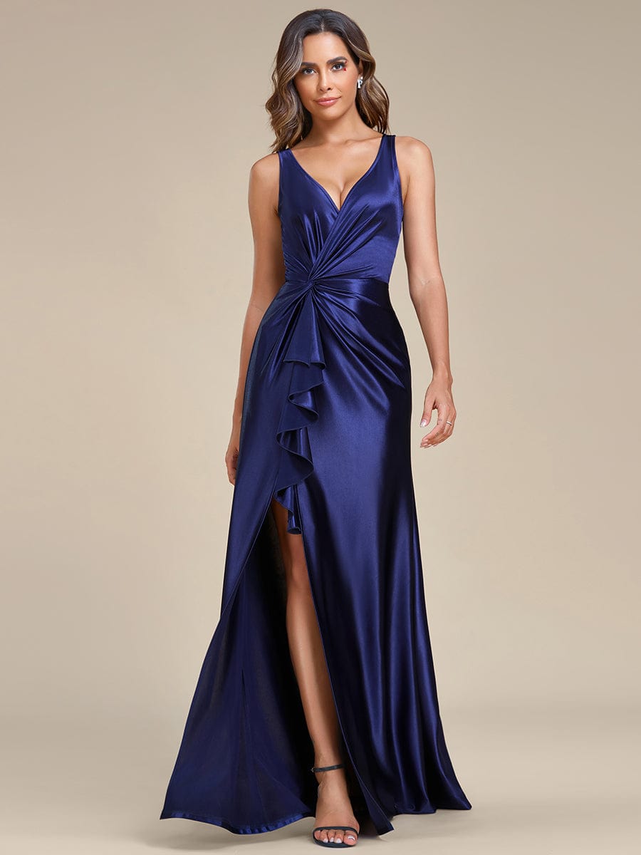 Robe de soirée en satin plissée à col en V et à fente haute pour bal #Couleur_Bleu Marine