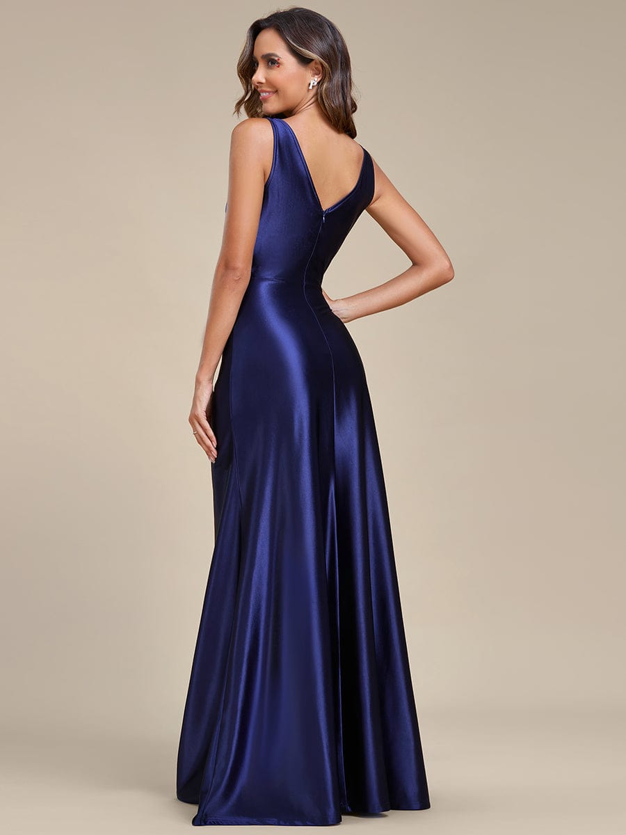 Robe de soirée en satin plissée à col en V et à fente haute pour bal #Couleur_Bleu Marine