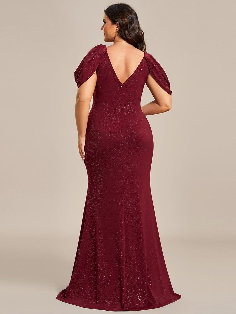 Robe de Soirée Scintillante avec Ceinture Brillante à Epaule Dénudée de Grande Taille #Couleur_Bordeaux