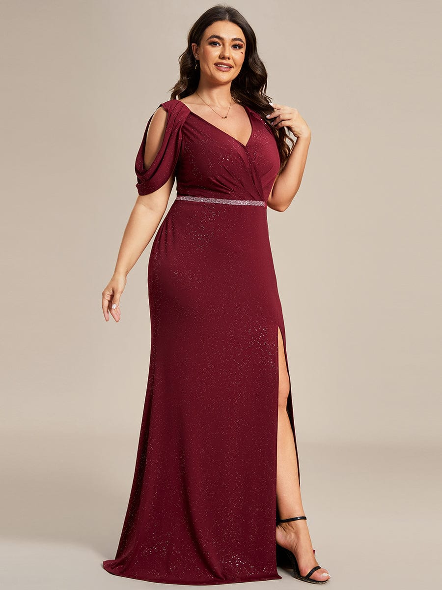 Robe de Soirée Scintillante avec Ceinture Brillante à Epaule Dénudée de Grande Taille #Couleur_Bordeaux