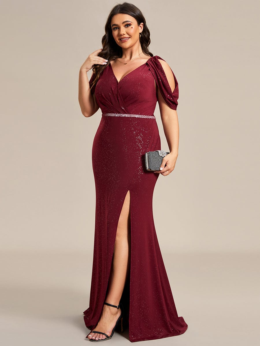 Robe de Soirée Scintillante avec Ceinture Brillante à Epaule Dénudée de Grande Taille #Couleur_Bordeaux