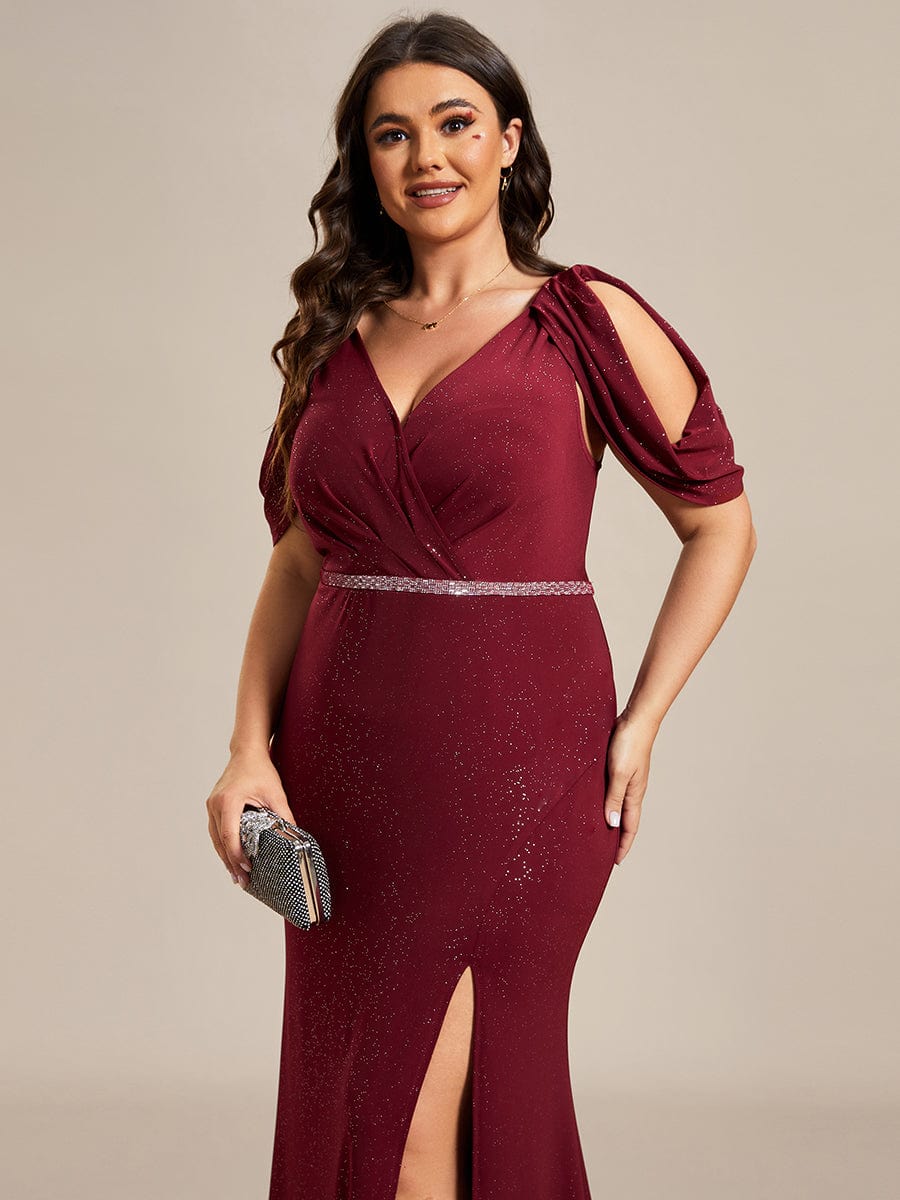 Robe de Soirée Scintillante avec Ceinture Brillante à Epaule Dénudée de Grande Taille #Couleur_Bordeaux