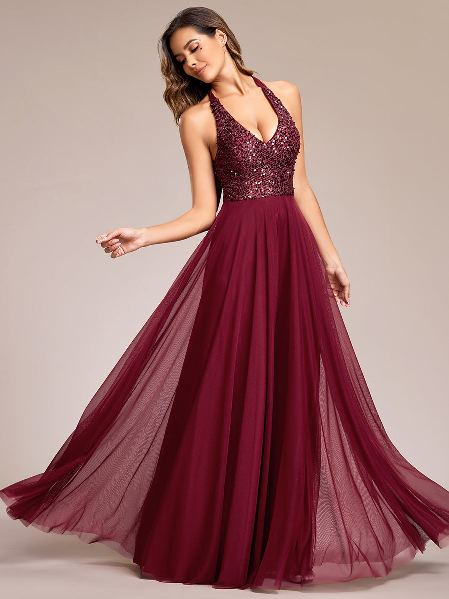 Robe de soirée en tulle à paillettes scintillantes et col licou#Couleur_Bordeaux