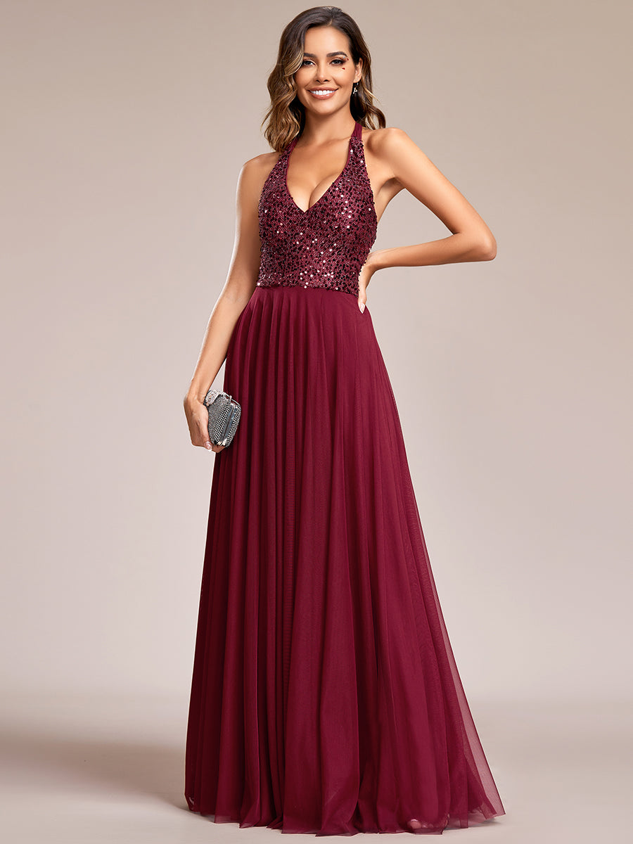 Robe de soirée en tulle à paillettes scintillantes et col licou#Couleur_Bordeaux