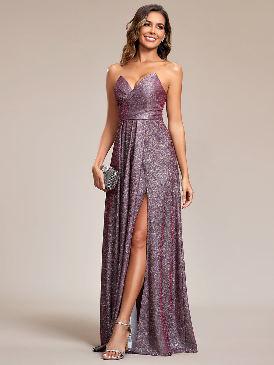 Robe de soirée trapèze scintillante sans bretelles plissée dans le dos avec fente haute#Couleur_Opale Lilas