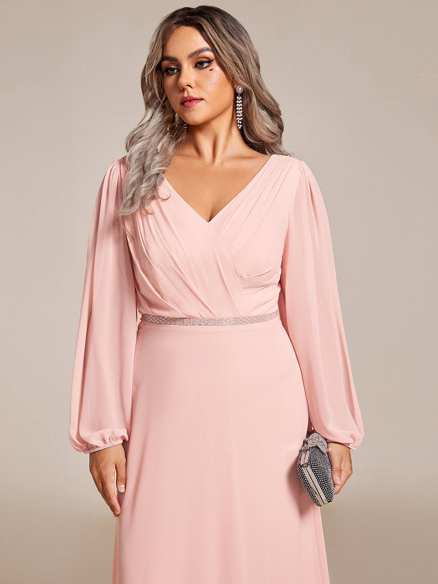 Grande Taille Robe de soirée plissée en mousseline de soie double col en V manches longues ceinture brillan #Couleur_Rose