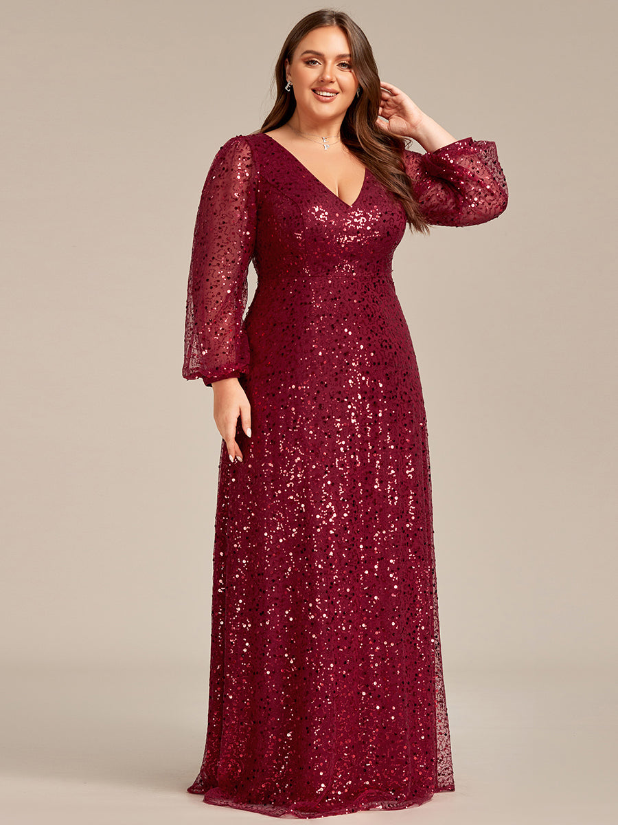 Robe de soirée trapèze à paillettes col en V manches longues et paillettes #Couleur_Bordeaux