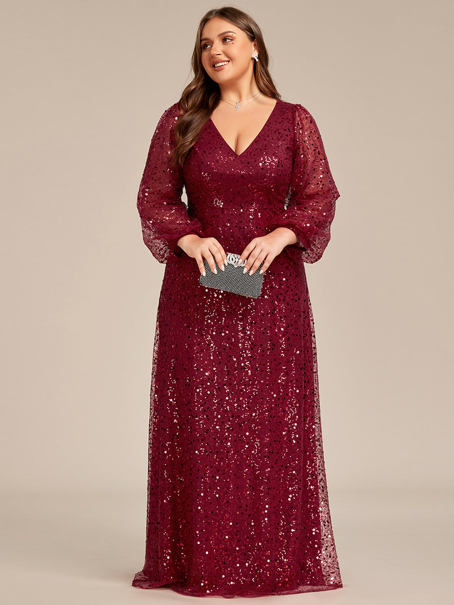 Grande taille Robe de soirée trapèze à paillettes col en V manches longues et paillettes#Couleur_Bordeau