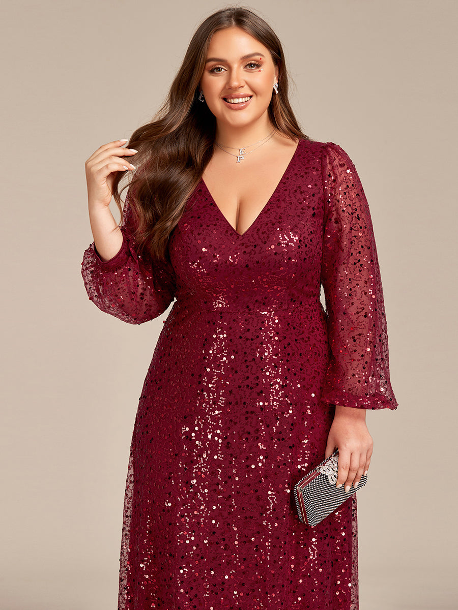 Grande taille Robe de soirée trapèze à paillettes col en V manches longues et paillettes#Couleur_Bordeaux