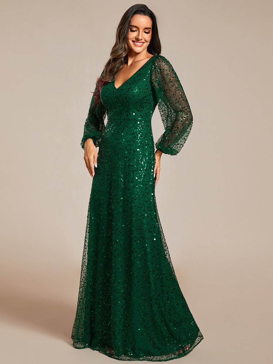 Robe de soirée trapèze à paillettes col en V manches longues et paillettes #Couleur_Vert Fonce