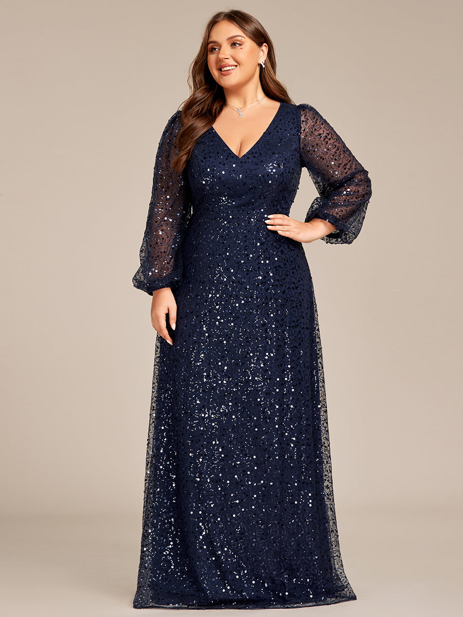 Robe de soirée trapèze à paillettes col en V manches longues et paillettes #Couleur_Bleu Marine