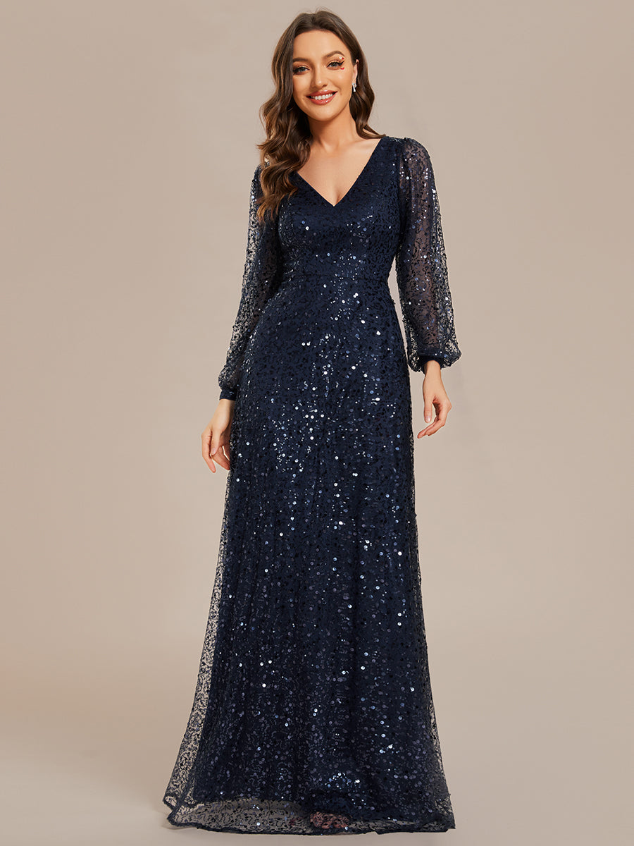 Robe de soirée trapèze à paillettes col en V manches longues et paillettes