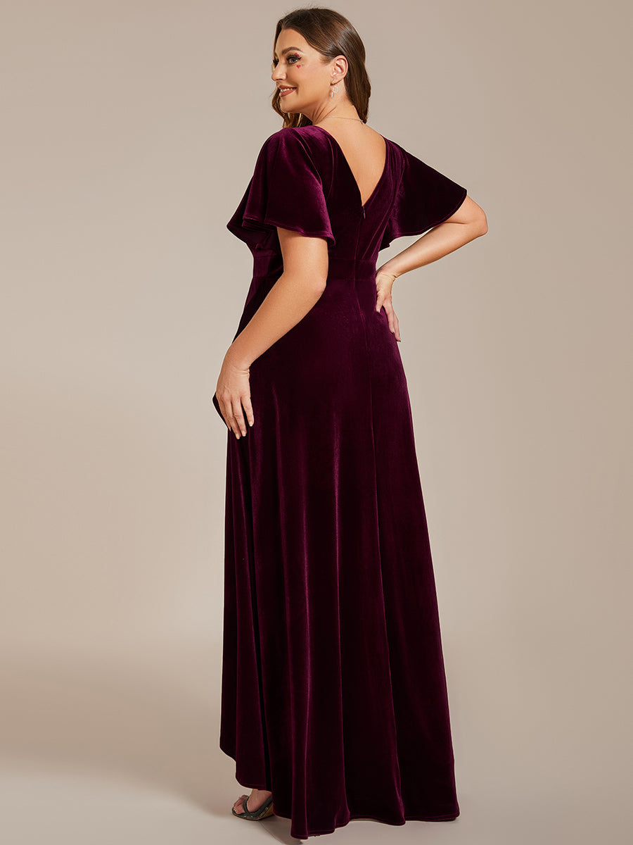 Robe de soirée en velours extensible à double col en V et manches courtes avec ourlet en feuille de lotus#Couleur_Bordeaux