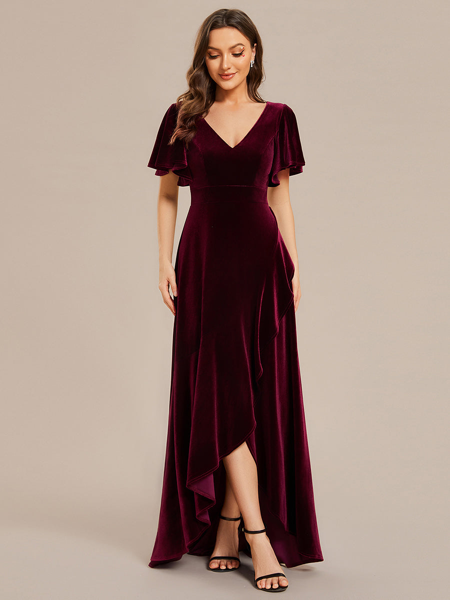 Robe de soirée en velours extensible à double col en V et manches courtes avec ourlet en feuille de lotus#Couleur_Bordeaux