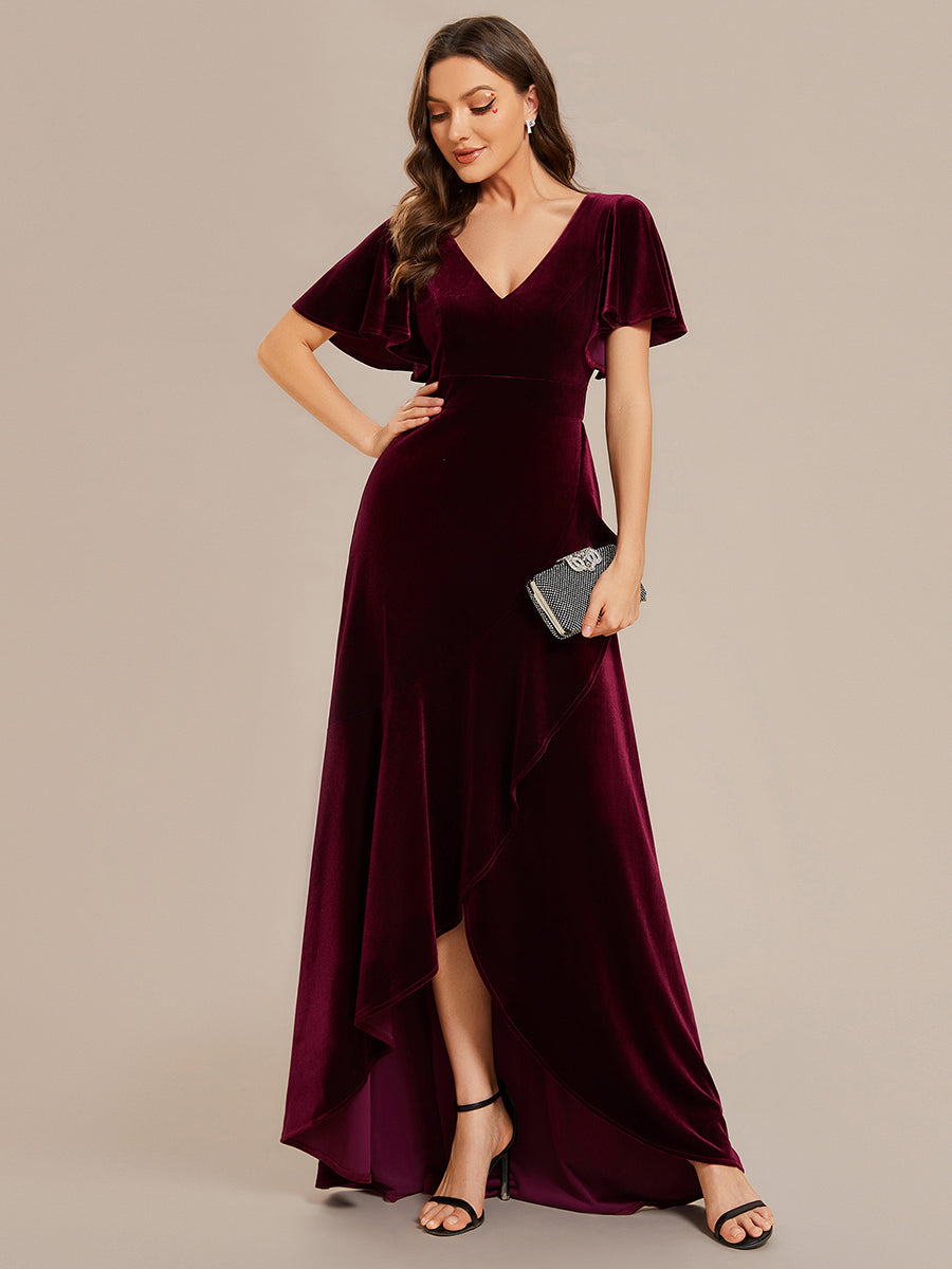 Robe de soirée en velours extensible à double col en V et manches courtes avec ourlet en feuille de lotus#Couleur_Bordeaux