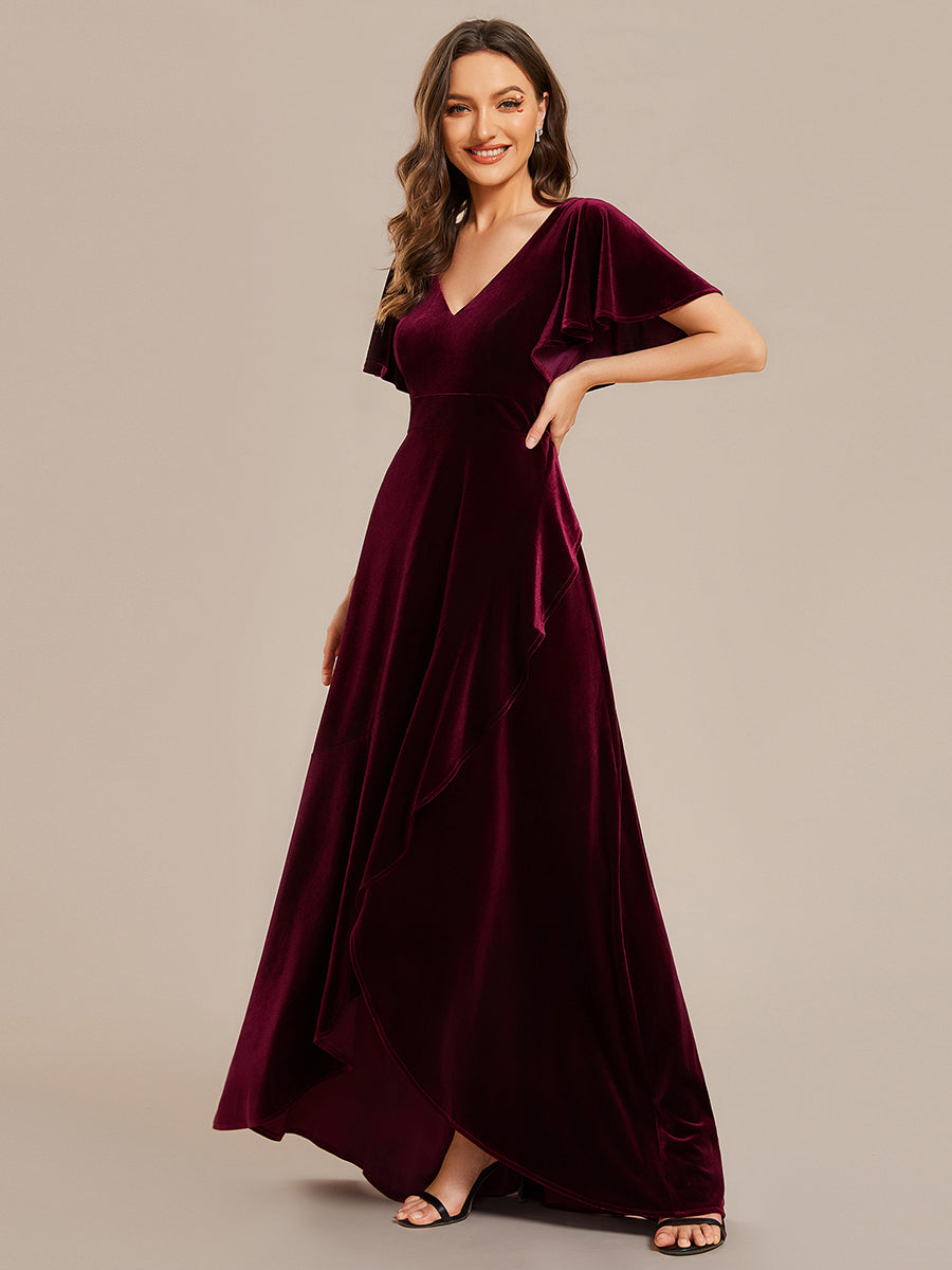 Robe de soirée en velours extensible à double col en V et manches courtes avec ourlet en feuille de lotus#Couleur_Bordeaux