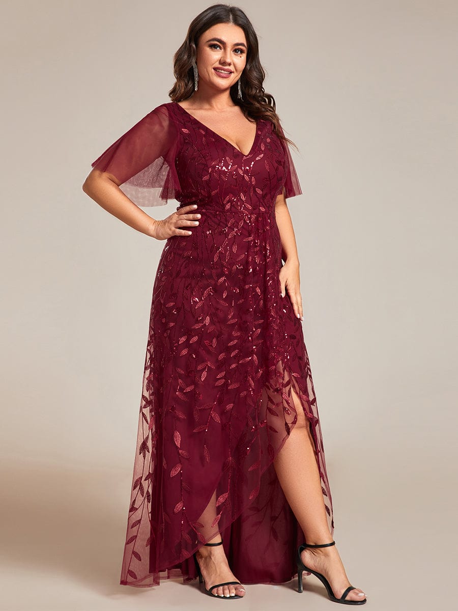 Robes de soirée pailletées à fente haute et col en V de grande taille #Couleur_Bordeaux